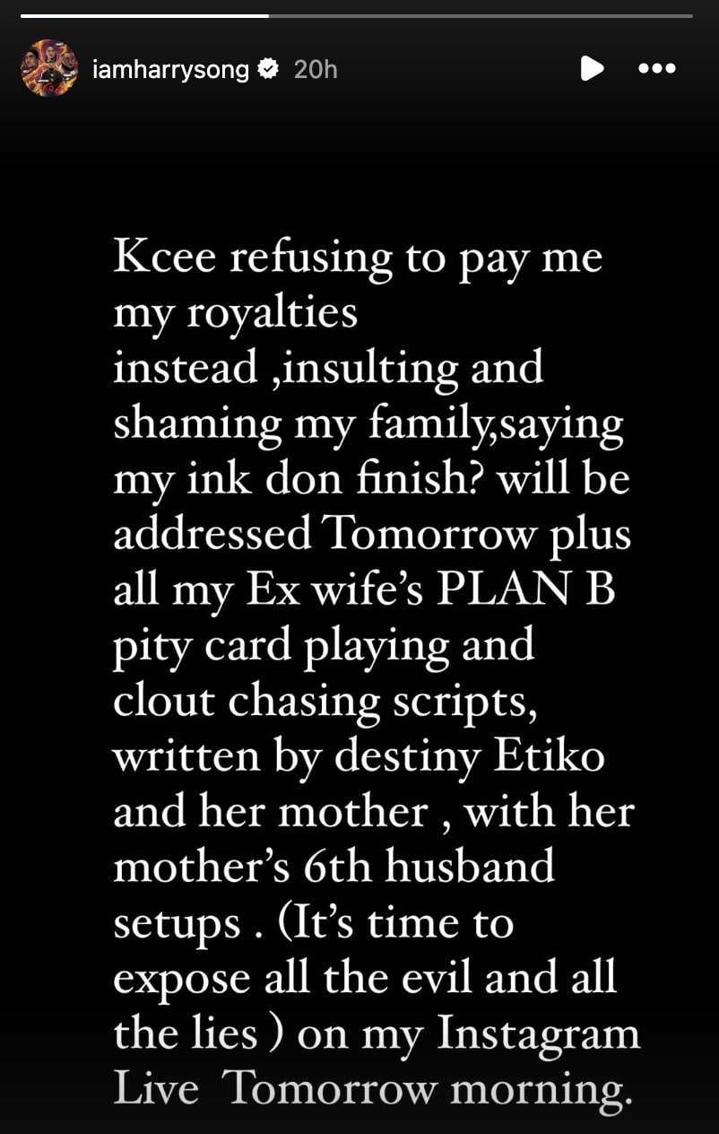 Harrysong vows to expose Kcee, Destiny Etiko, and his ex-wife